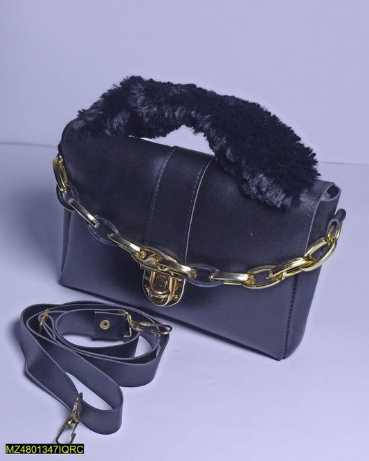 Women chunky chain purse (handbag) with fur and shoulder stripe