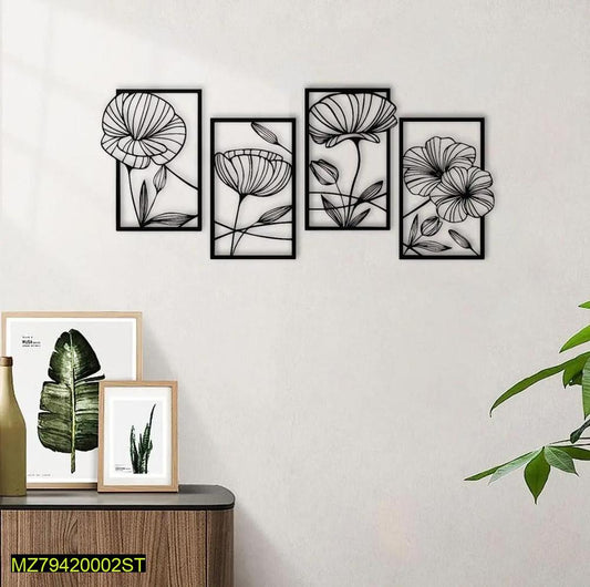 4 Piece Wooden Lotus Flower Wall Decor, Abstract Floral Aesthetic Splicing Line Art, Minimalist Hanging Wall Sculpture for Living Room Bedroom Office and TV Room | Wall Arts