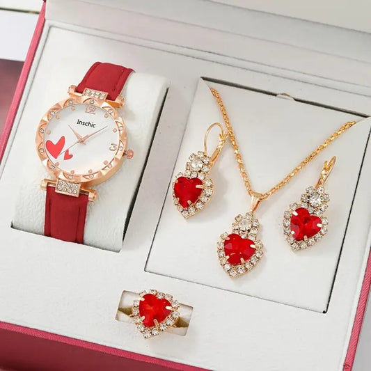 Women Luxury Watch Ring Necklace Earrings Rhinestone Love Dial Fashion Wristwatch Female Casual Ladies Watches Set Clock